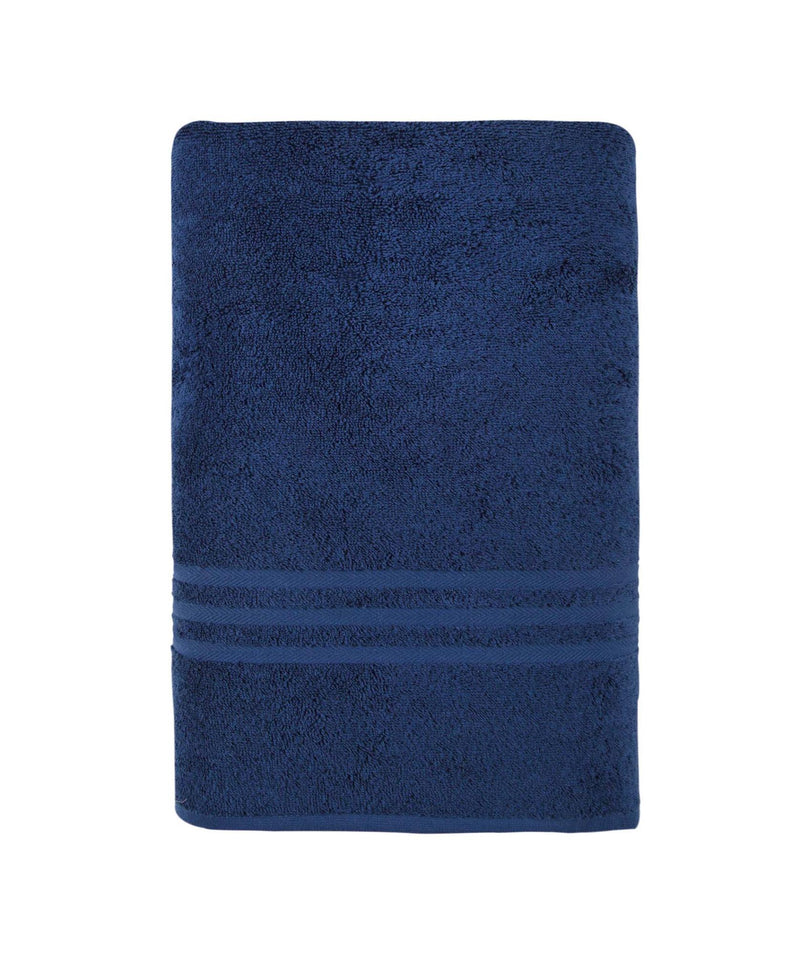 Navy bath sheet with terry loop texture and horizontal border stripe