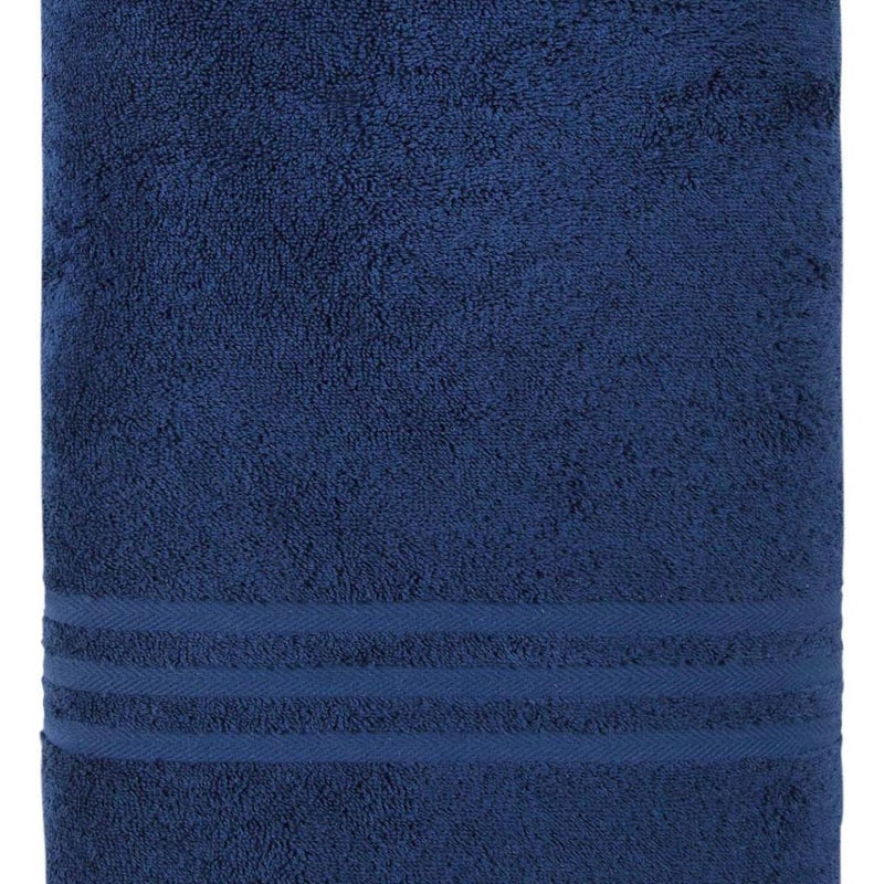 Navy bath sheet close view of terry texture and banded border