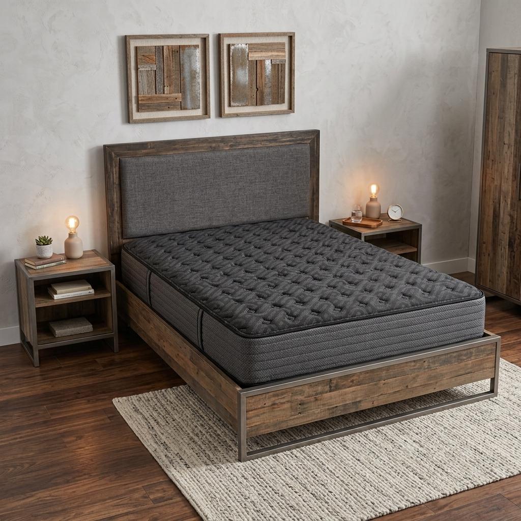 Dark gray tufted mattress on a rustic wooden bed frame in a cozy bedroom setting with modern decor.