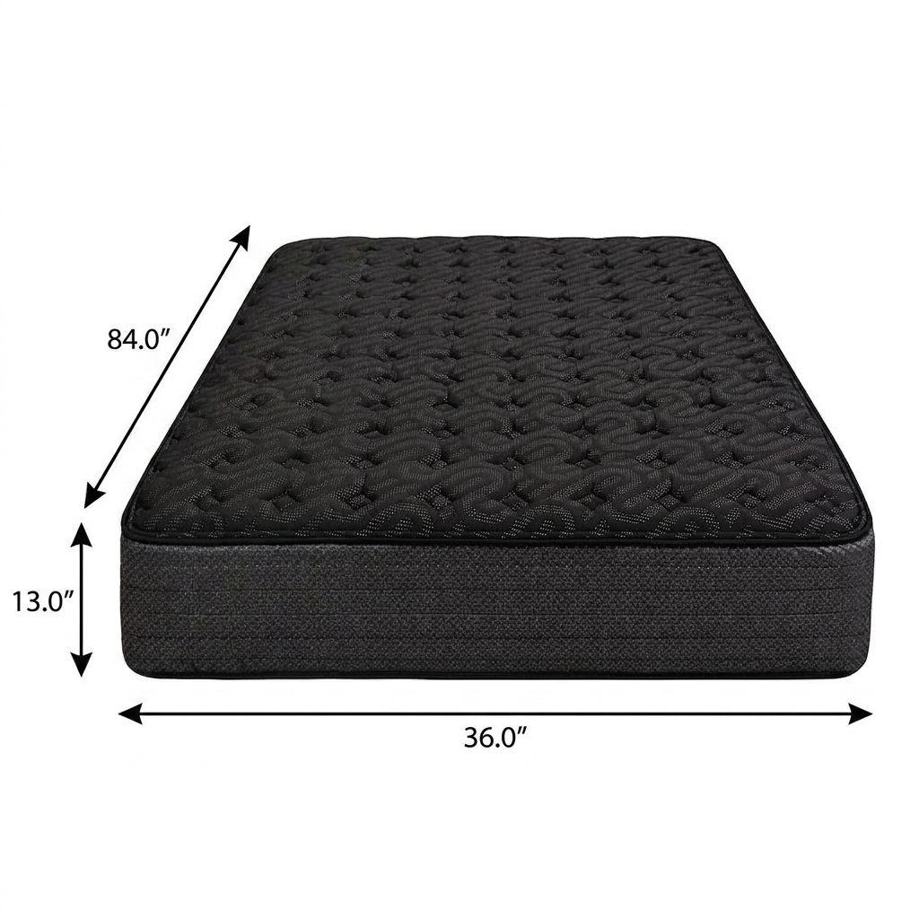 Black queen mattress with quilted top, featuring a plush foam layer and sturdy construction, measuring 84" x 36" x 13".