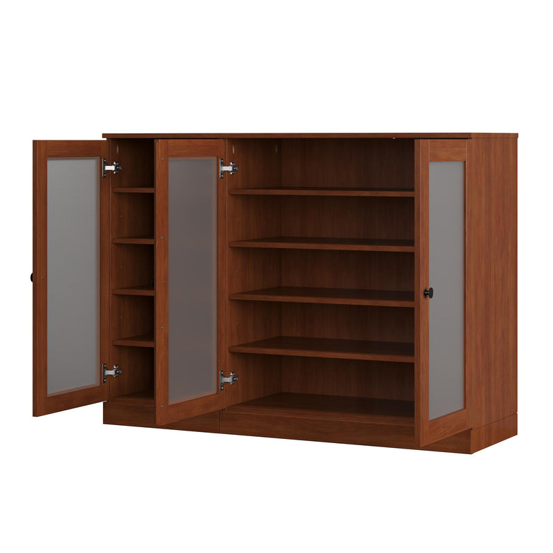 Solid wood shoe storage cabinet with open doors, showing fixed interior shelves