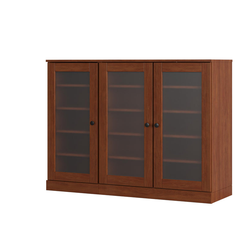 Solid wood shoe storage cabinet with three framed glass doors and center handles