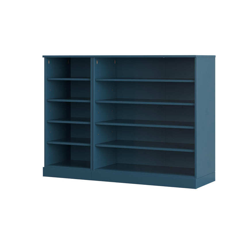 Teal blue shoe storage cabinet with open cubby shelves and central divider