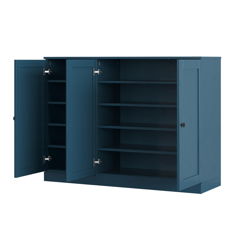 Teal blue shoe storage cabinet with open compartments and interior horizontal shelves