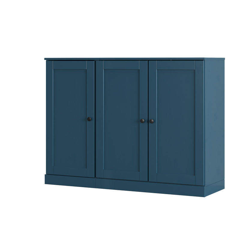 Teal blue wood shoe storage cabinet with three front panels and metal knob pulls