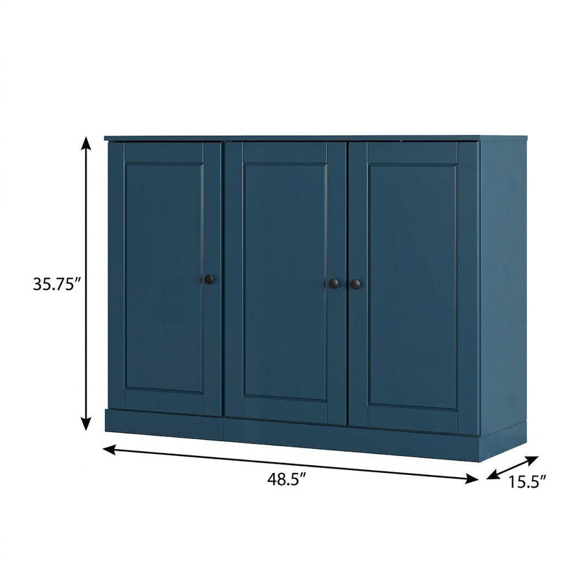 Teal blue shoe storage cabinet with four doors, shown with size arrows