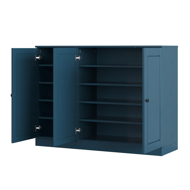 Teal blue shoe storage cabinet with open shelves and interior compartments