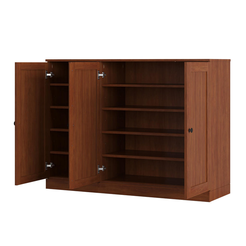 Solid wood shoe cabinet with one side door open, revealing interior shelves