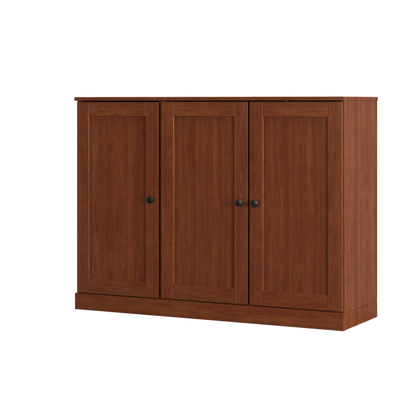 Solid wood shoe storage cabinet with four doors and dark metal knobs