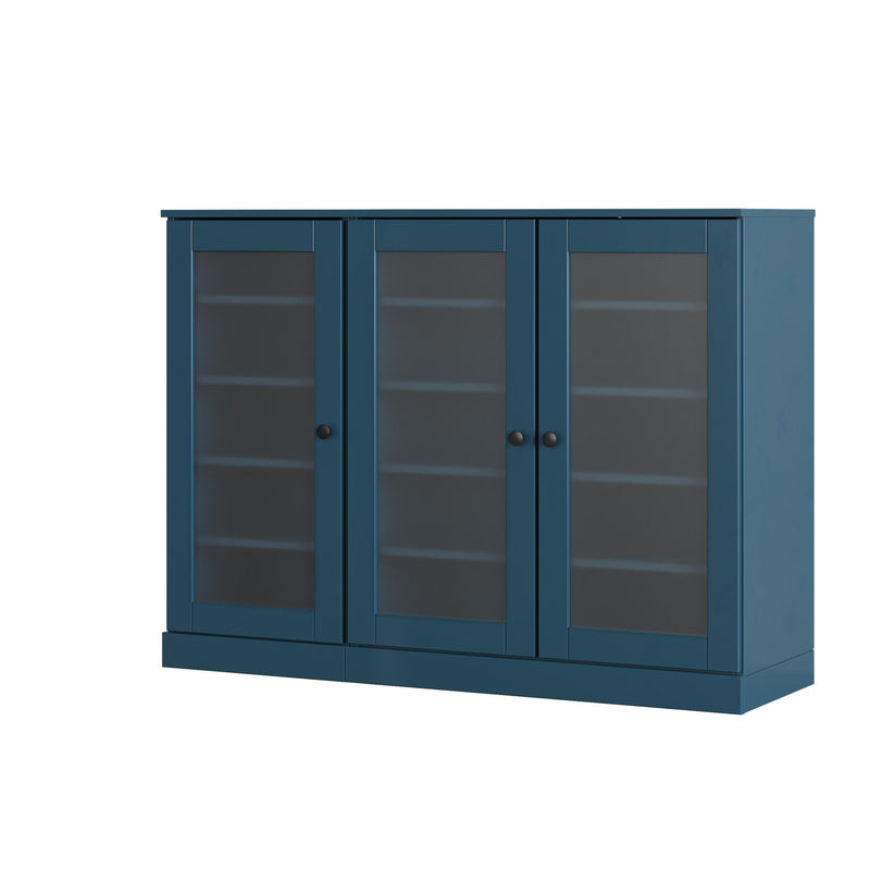 Teal blue wood shoe storage cabinet with three glass-panel doors