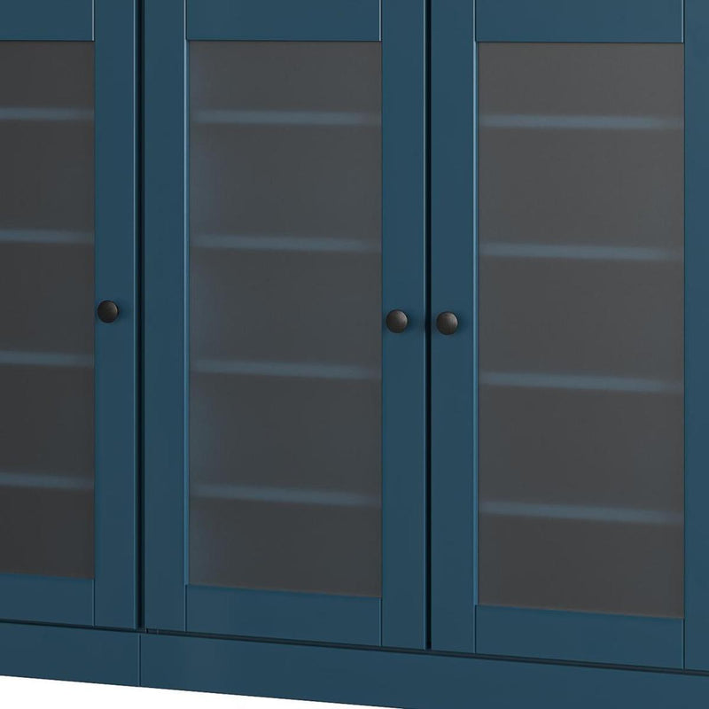 Teal blue wood shoe storage cabinet with two glass-panel doors and round knobs