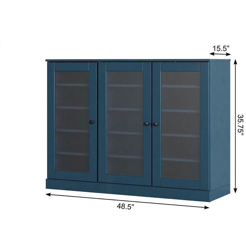 Teal blue wood shoe storage cabinet with size labels: 48.5" W, 35.75" H