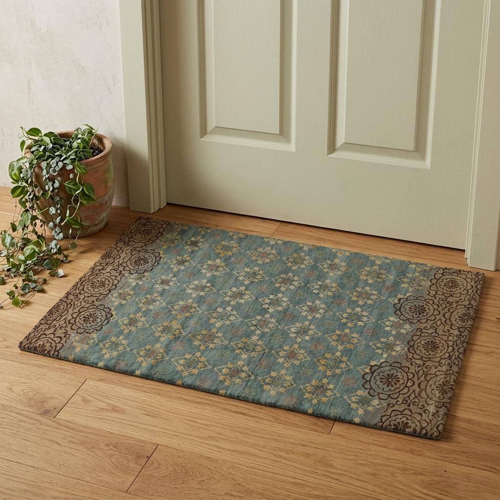 2' X 3' Blue Green and Brown Floral Hand Knotted Area Rug - Home & Garden