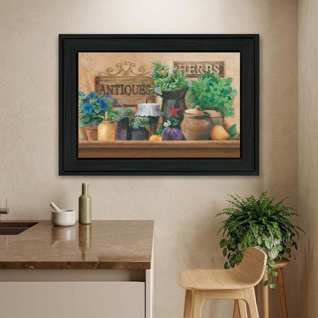Antiques and Herbs Black Framed Print Kitchen Wall Art - Home Decor