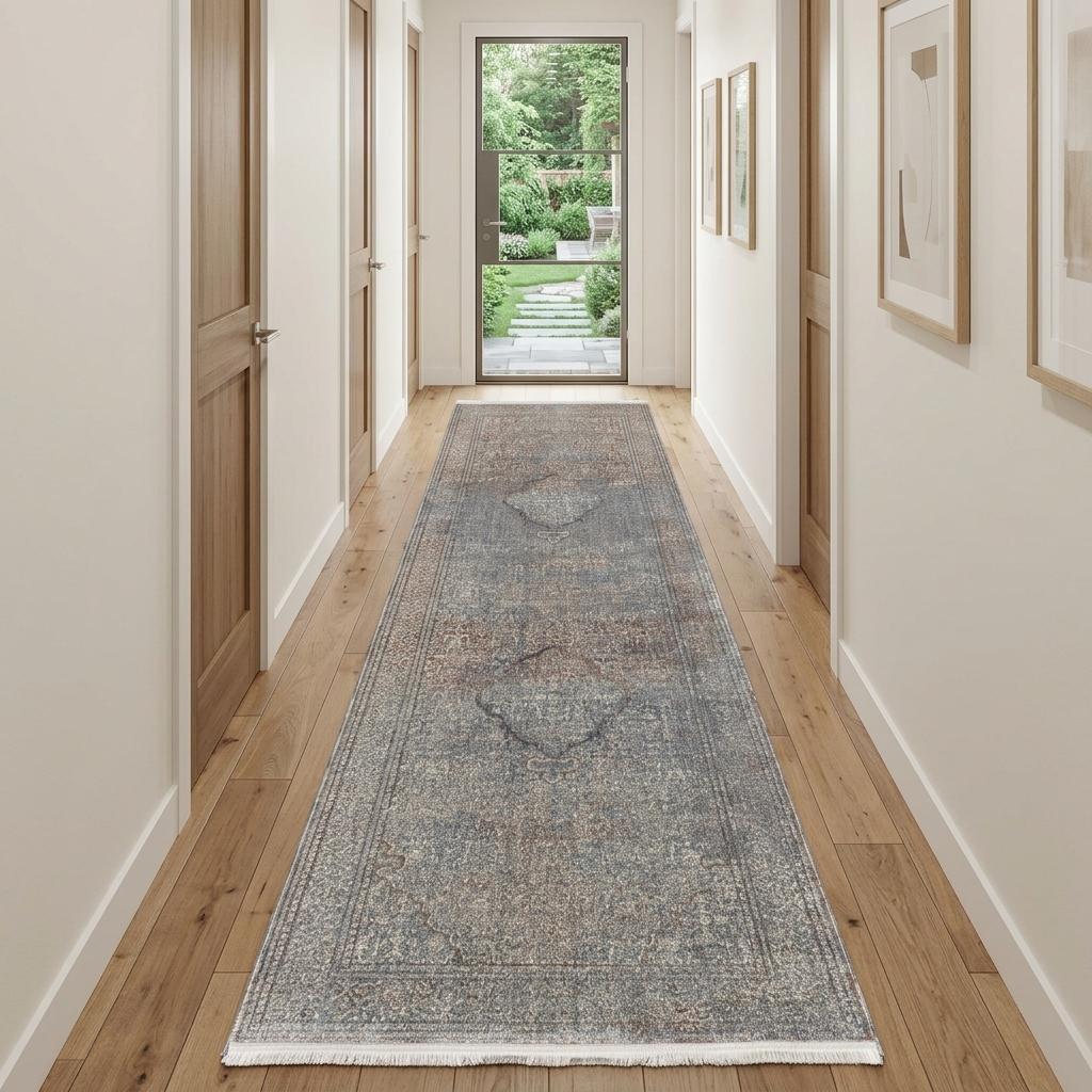 10' Blue Red And Gray Floral Runner Rug With Fringe - Home & Garden