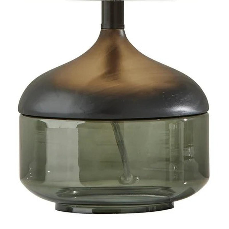 16" Black And Dark Green Wood And Smoked Glass Table Lamp With Beige Drum Shade - Lighting