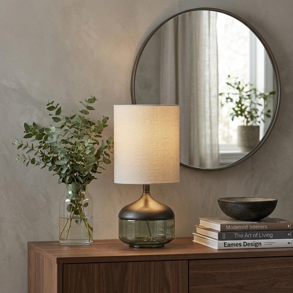 Modern table lamp with a bronze base, white fabric shade, and a glass body, styled with a mirror and decor on wood table.