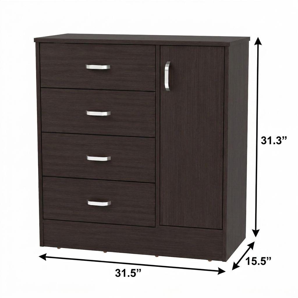 Dark brown wood dresser with four drawers and one cabinet door, silver bar pulls