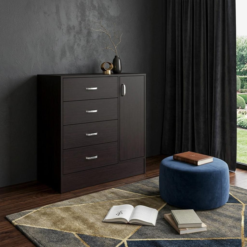 Dark brown wood dresser with four drawers and cabinet door, silver pulls