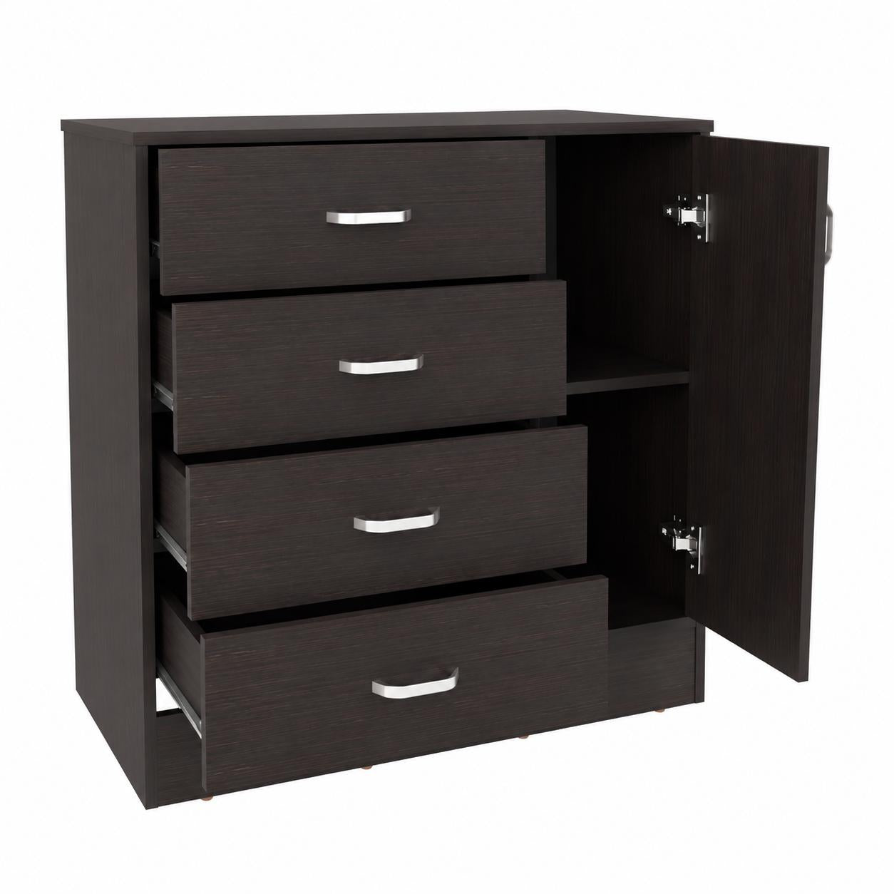 Dark brown wood dresser with open cabinet revealing drawers, silver pulls and hinges