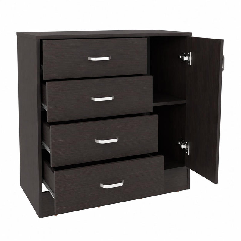 Dark brown wood dresser with open cabinet revealing drawers, silver pulls and hinges