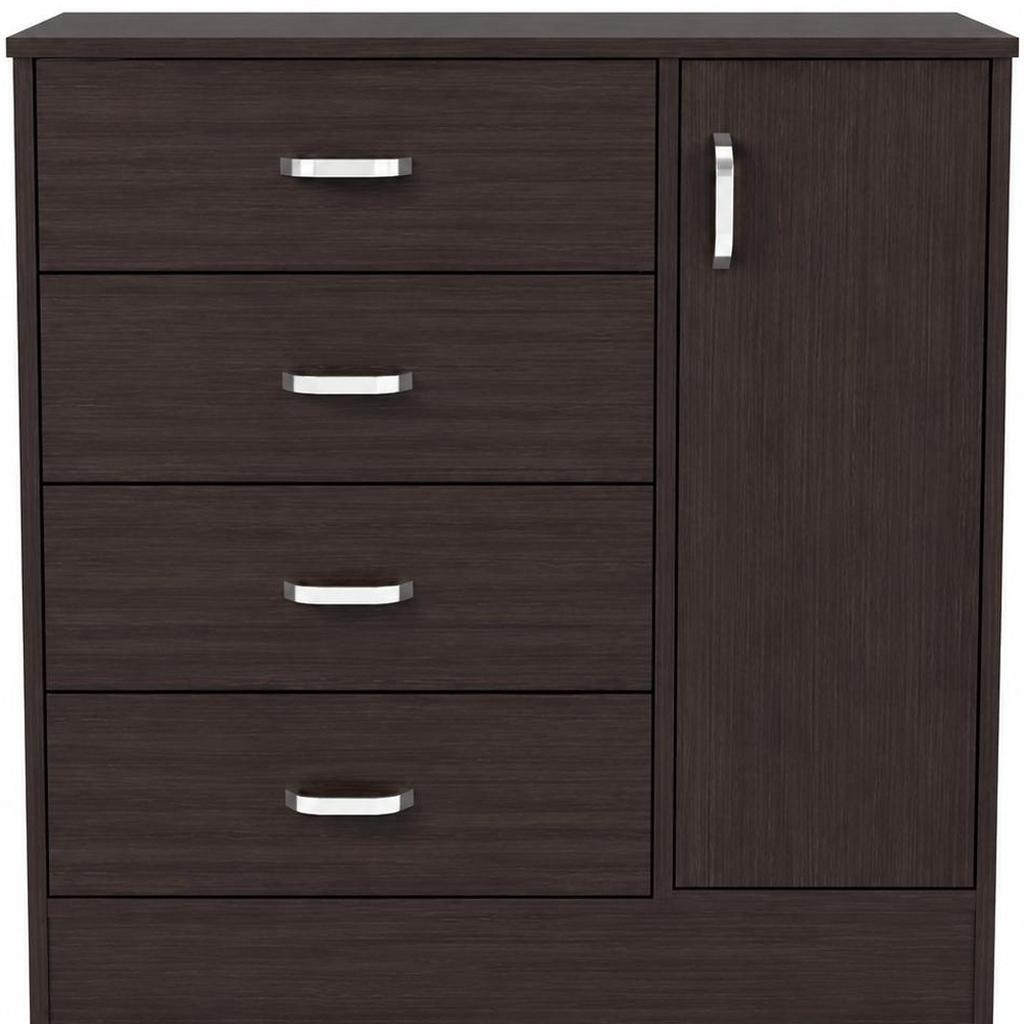 Dark brown wood dresser front with four drawers and one cabinet door, silver bar pulls