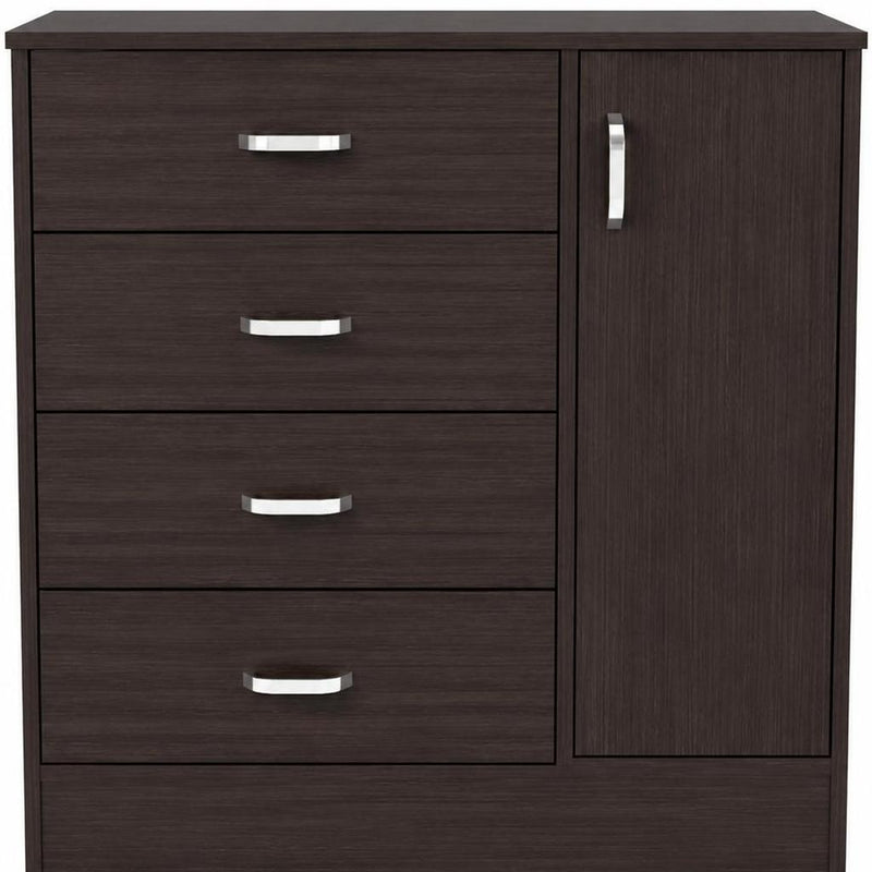 Dark brown wood dresser front with four drawers and one cabinet door, silver bar pulls