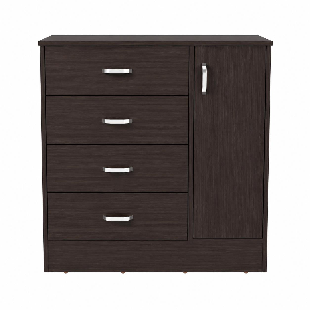 Dark brown wood dresser with four drawers and cabinet door, silver handles and toe-kick