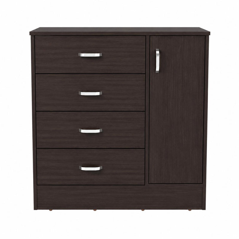 Dark brown wood dresser with four drawers and cabinet door, silver handles and toe-kick