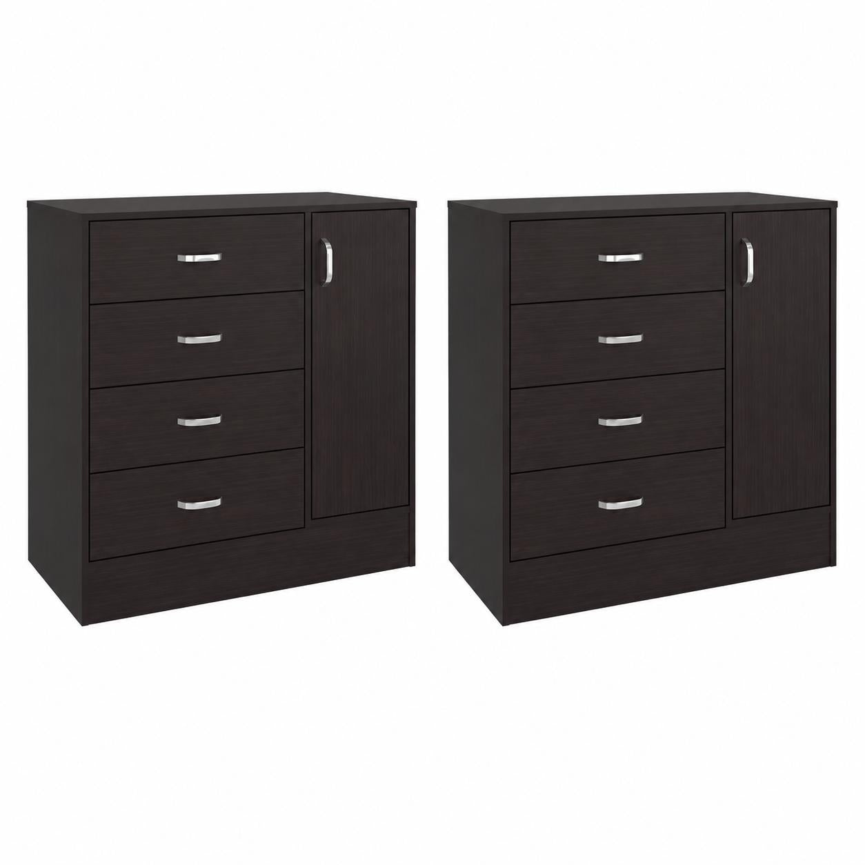 Set of two dark brown wood dressers with four drawers and cabinet doors, silver pulls