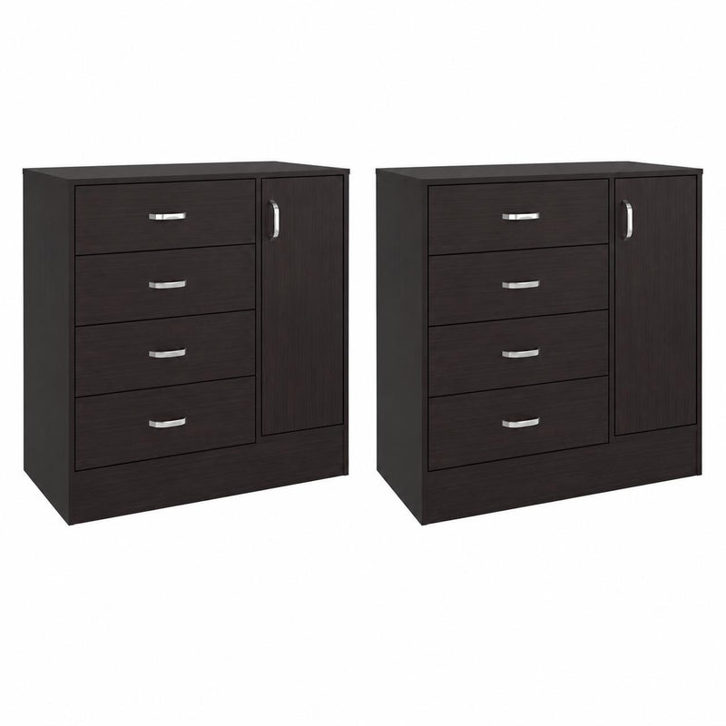 Set of two dark brown wood dressers with four drawers and cabinet doors, silver pulls