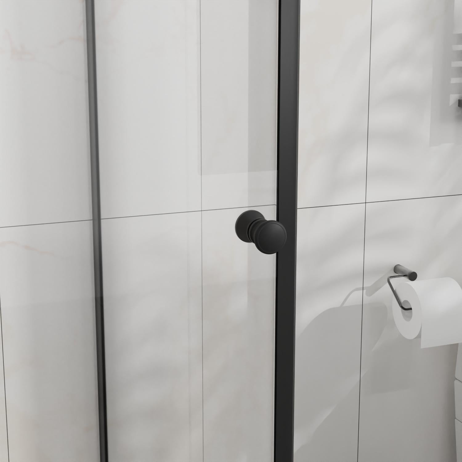 Tempered glass shower door with black frame and round matte handle