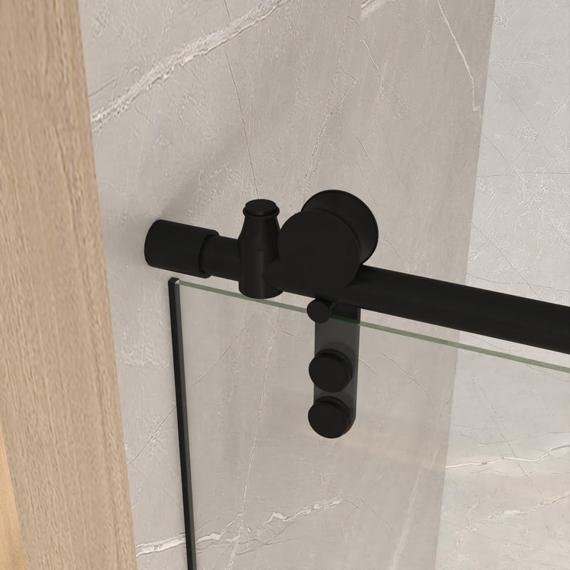 Black shower door handle on clear tempered glass with corner support brackets