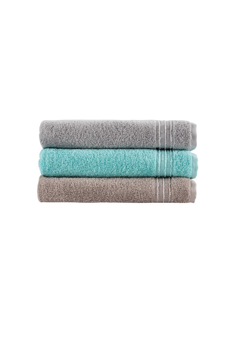 Stack of towels: aqua bath towel with terry loops, plus a gray towel