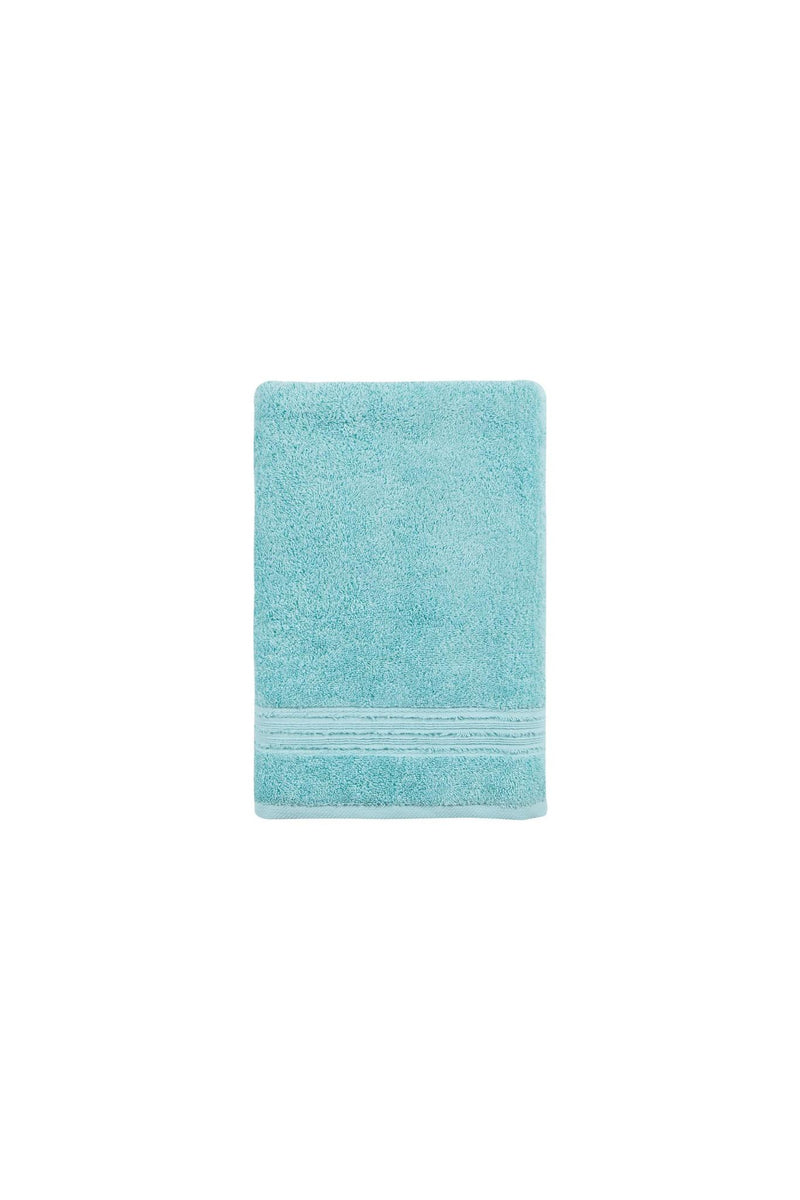 Aqua bath towel, 27 x 54 in, neatly folded with striped hem