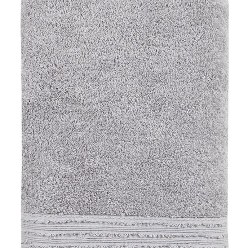 Light gray Turkish cotton bath towel with textured terry and fringed border, 27 x 54 in