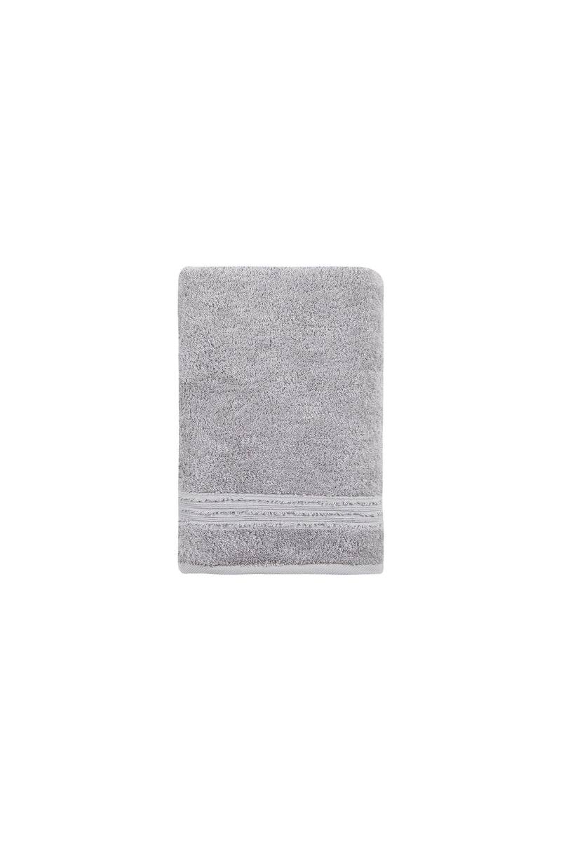 Light gray bath towel, textured Turkish cotton with fringed border, folded, 27 x 54 in