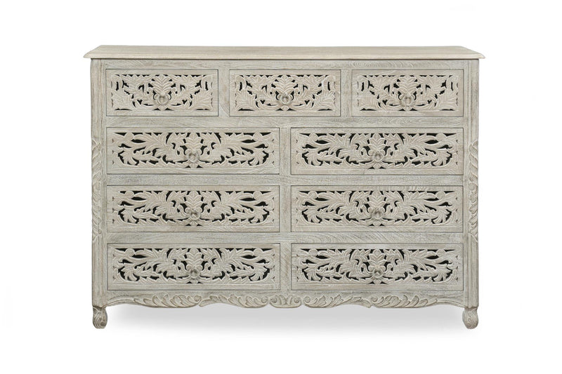 Gray solid wood nine-drawer dresser with ornate floral-carved drawer fronts