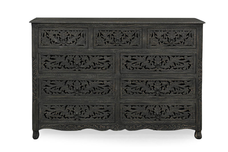 Dark wood nine-drawer dresser with carved floral fronts and curved feet