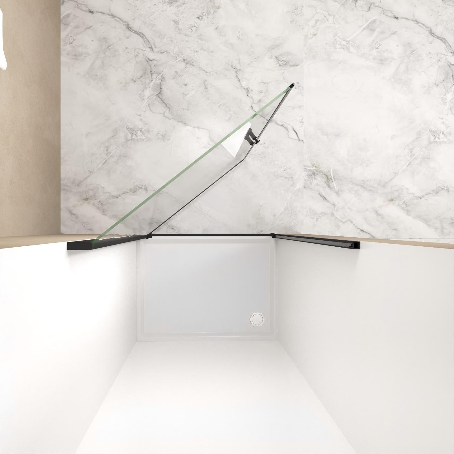 Clear tempered glass shower door with black aluminum frame and handle