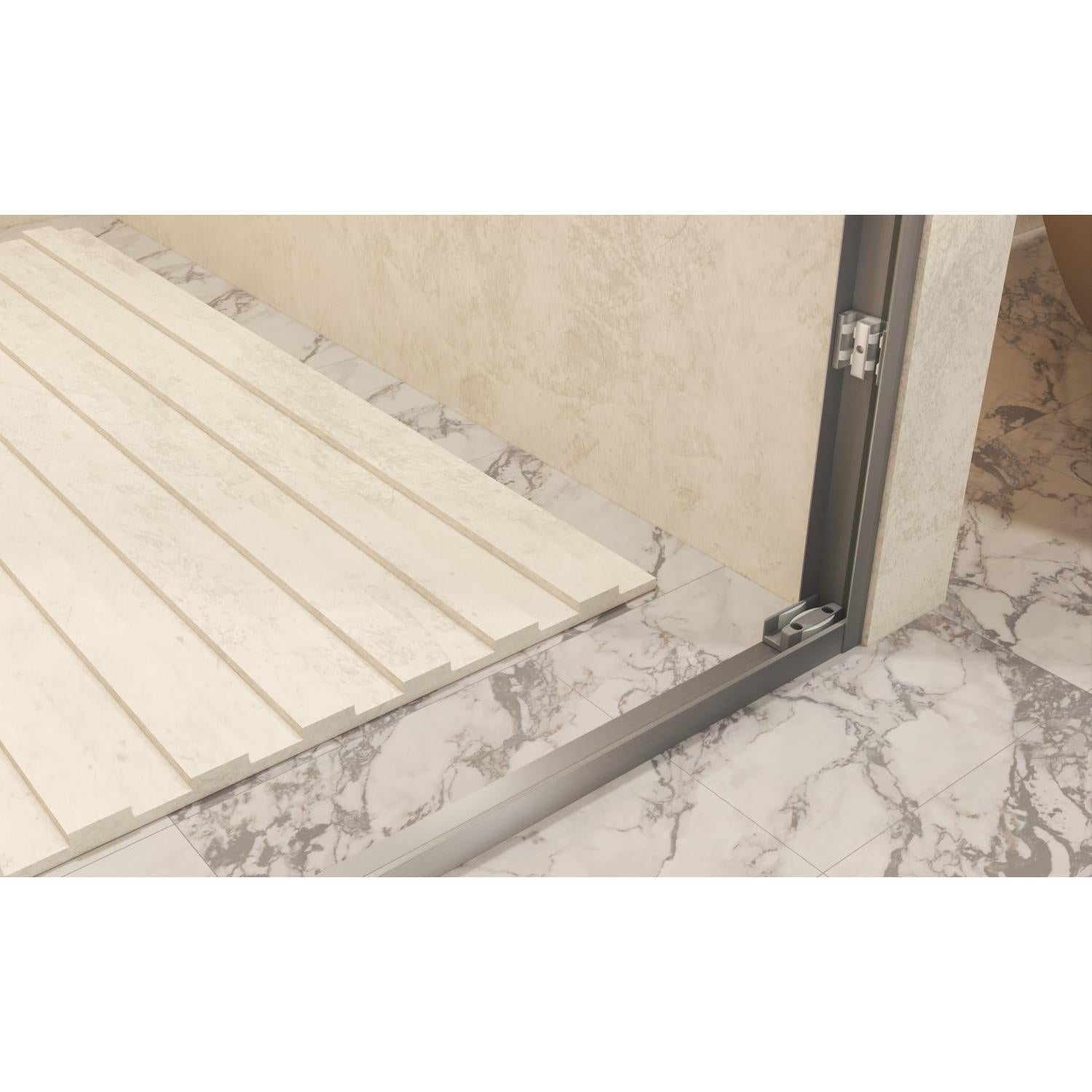 Aluminum and tempered glass shower door with metal frame and clear glass panel