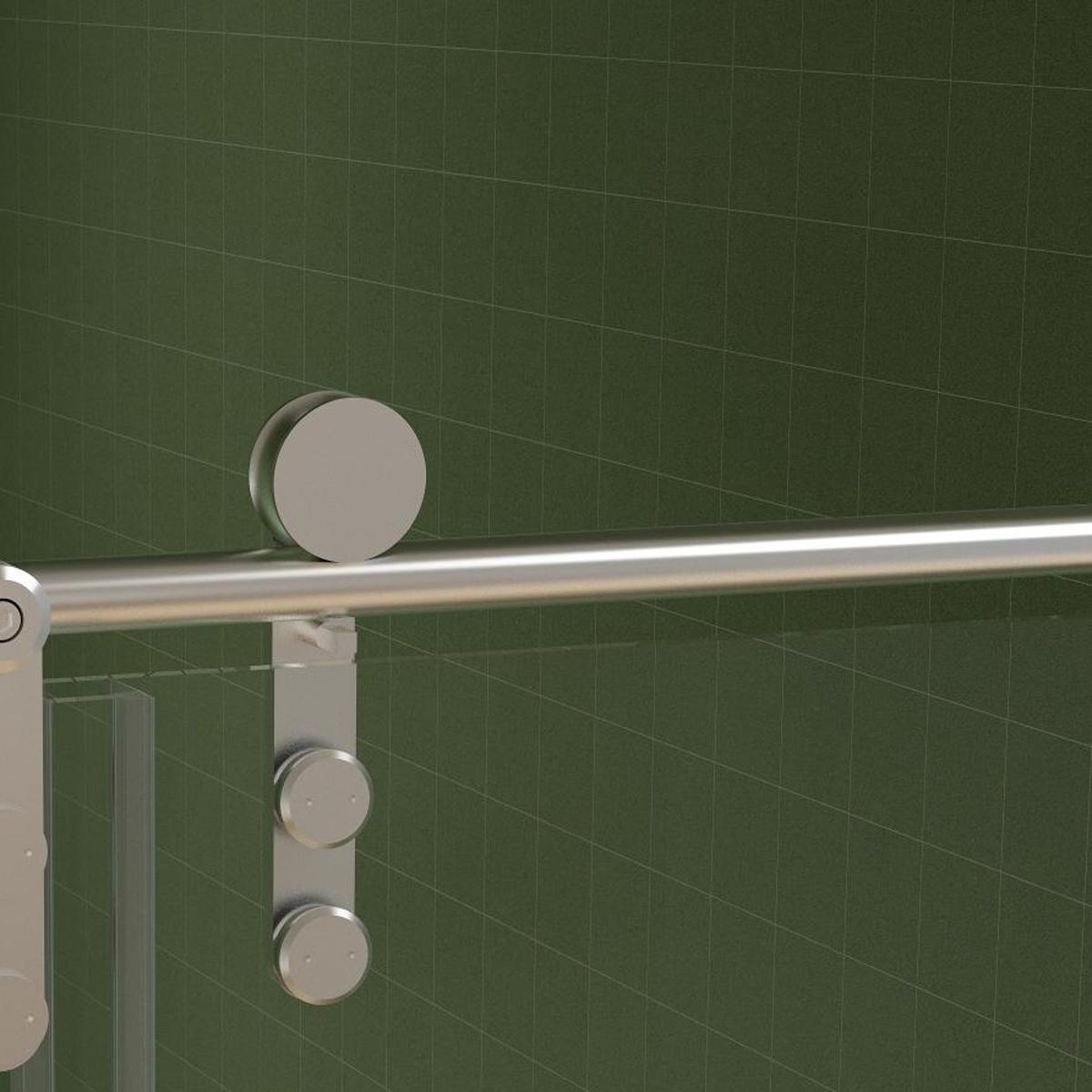 Tempered glass shower door with metal handle and three silver knobs