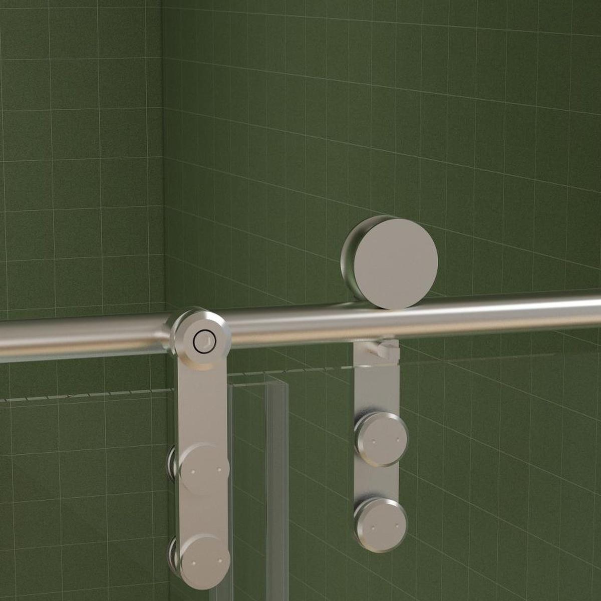 Tempered glass shower door track with side hinge and three silver knobs