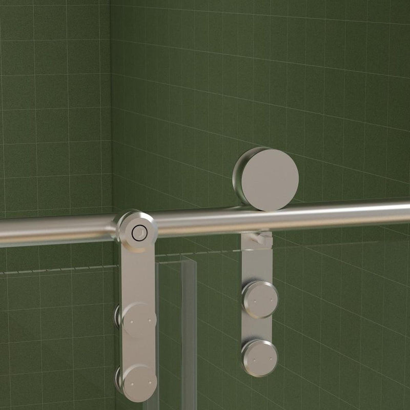 Tempered glass shower door track with side hinge and three silver knobs