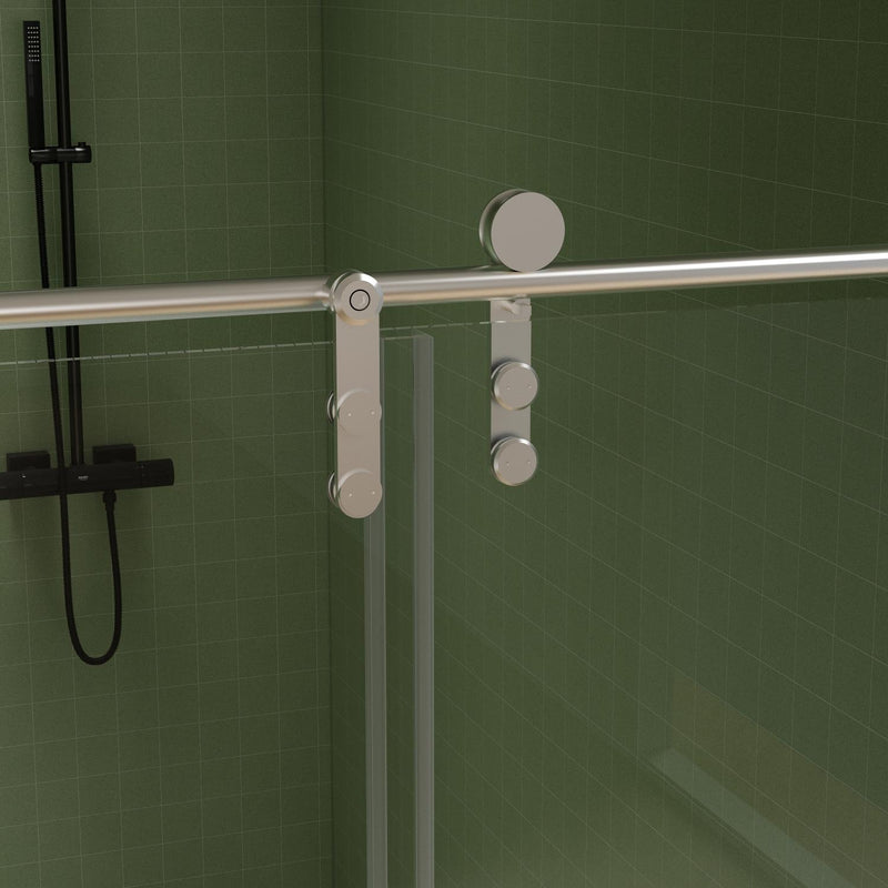 Tempered glass shower door frame with vertical handle and two silver knob plates