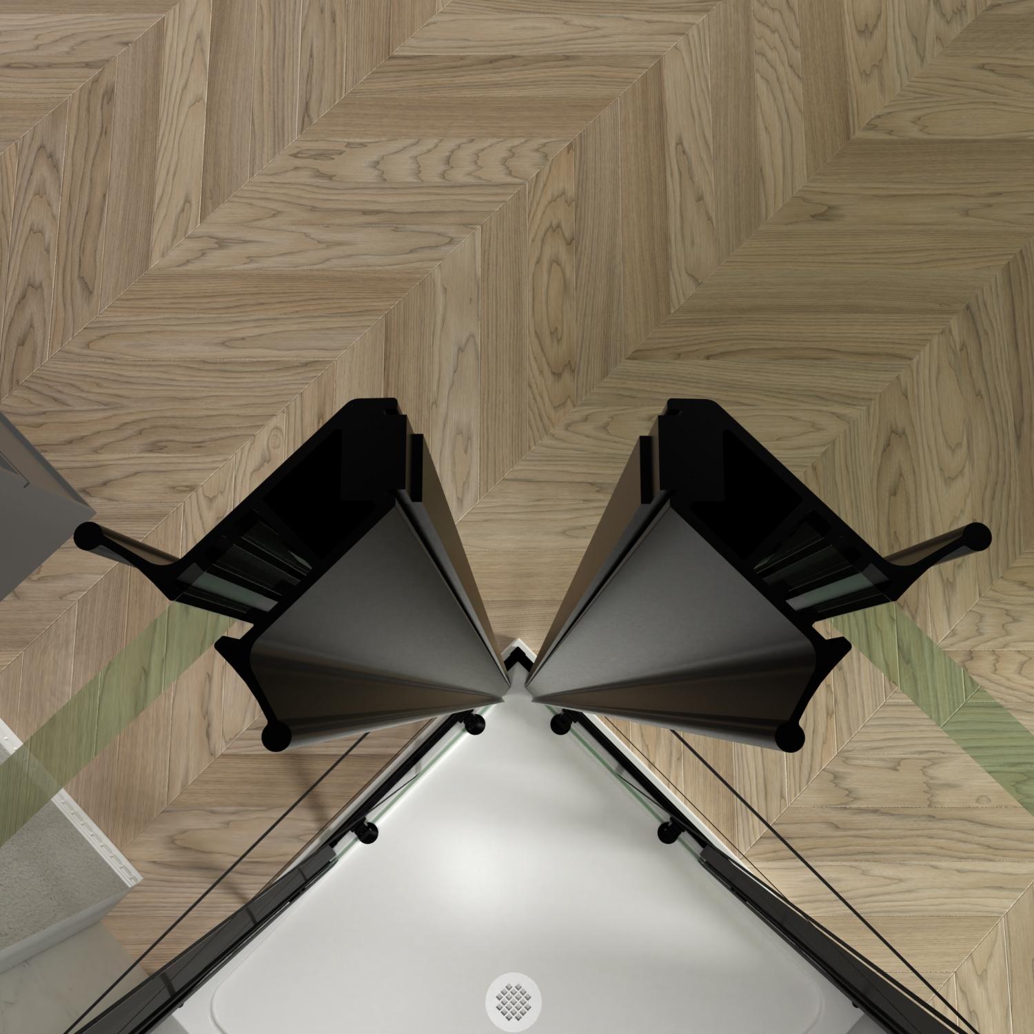 Shower door with clear glass panels and black aluminum frame, corner hinge detail