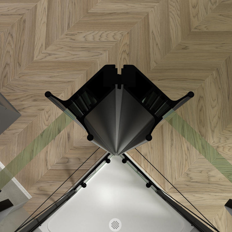 Shower door corner with clear glass panels, black brackets, and centered hinge connector