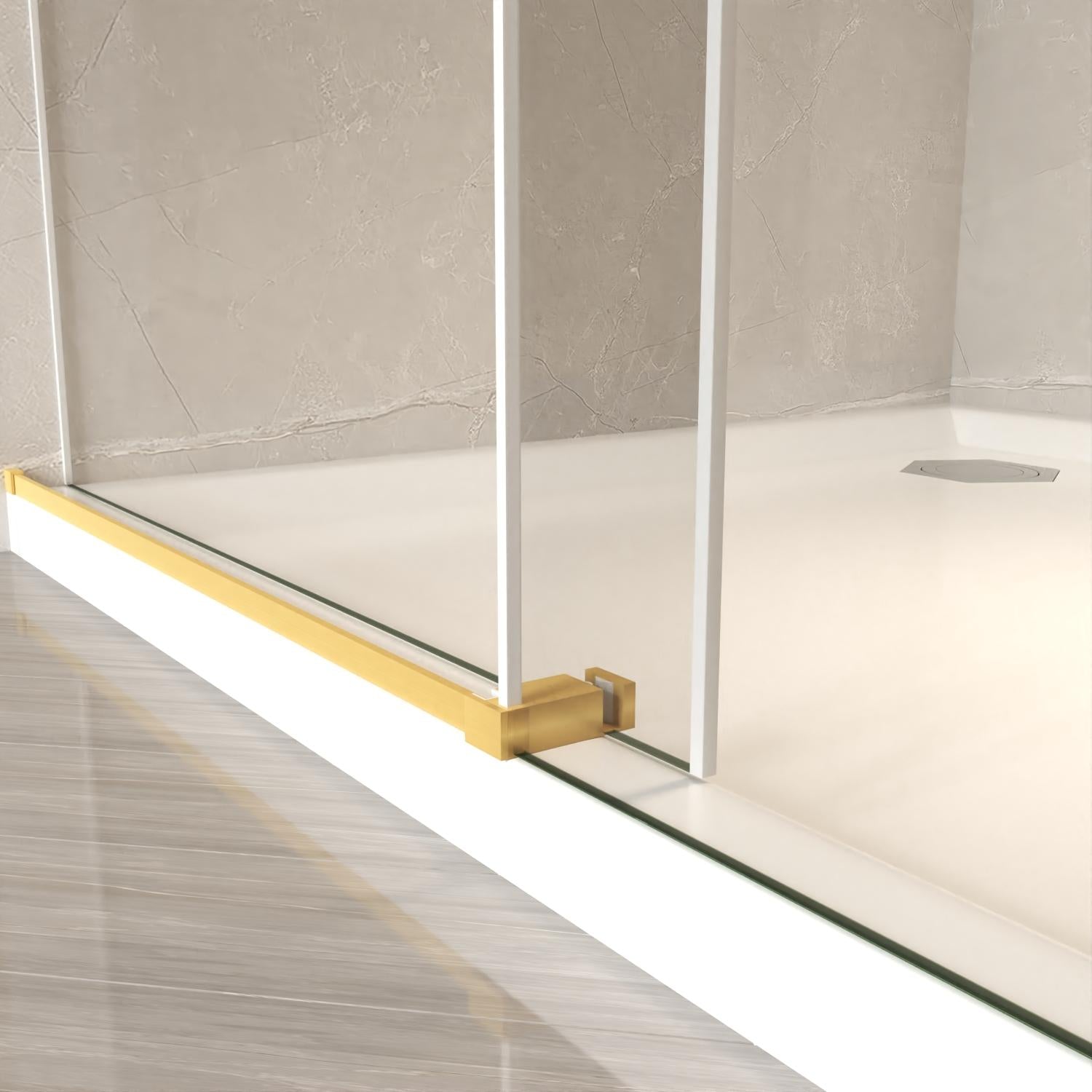 Tempered glass shower door with gold frame and fixed glass panels