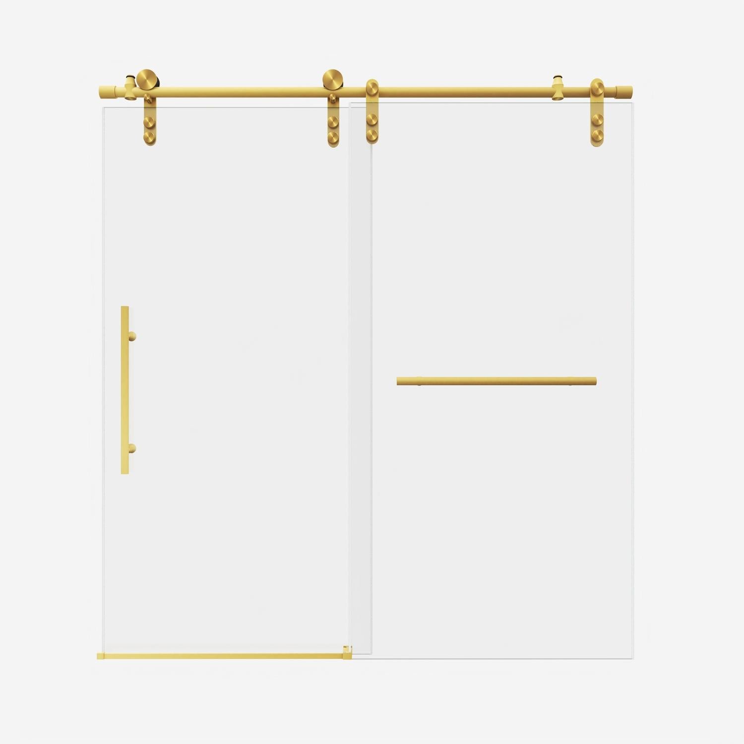 Tempered glass tub door with gold frame and handles, 66 x 56 in