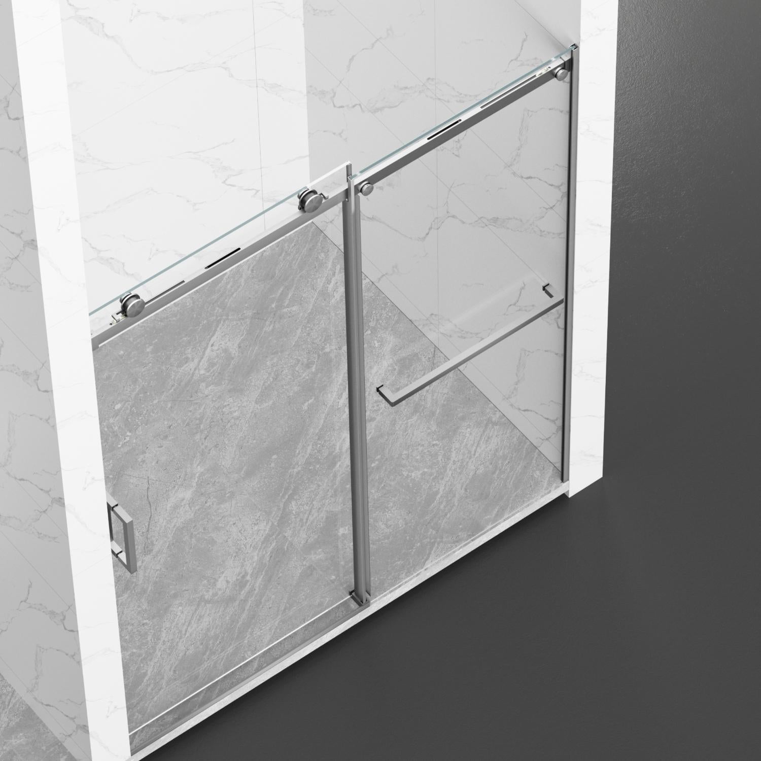 Tempered glass shower door with clear panel and chrome bar handle